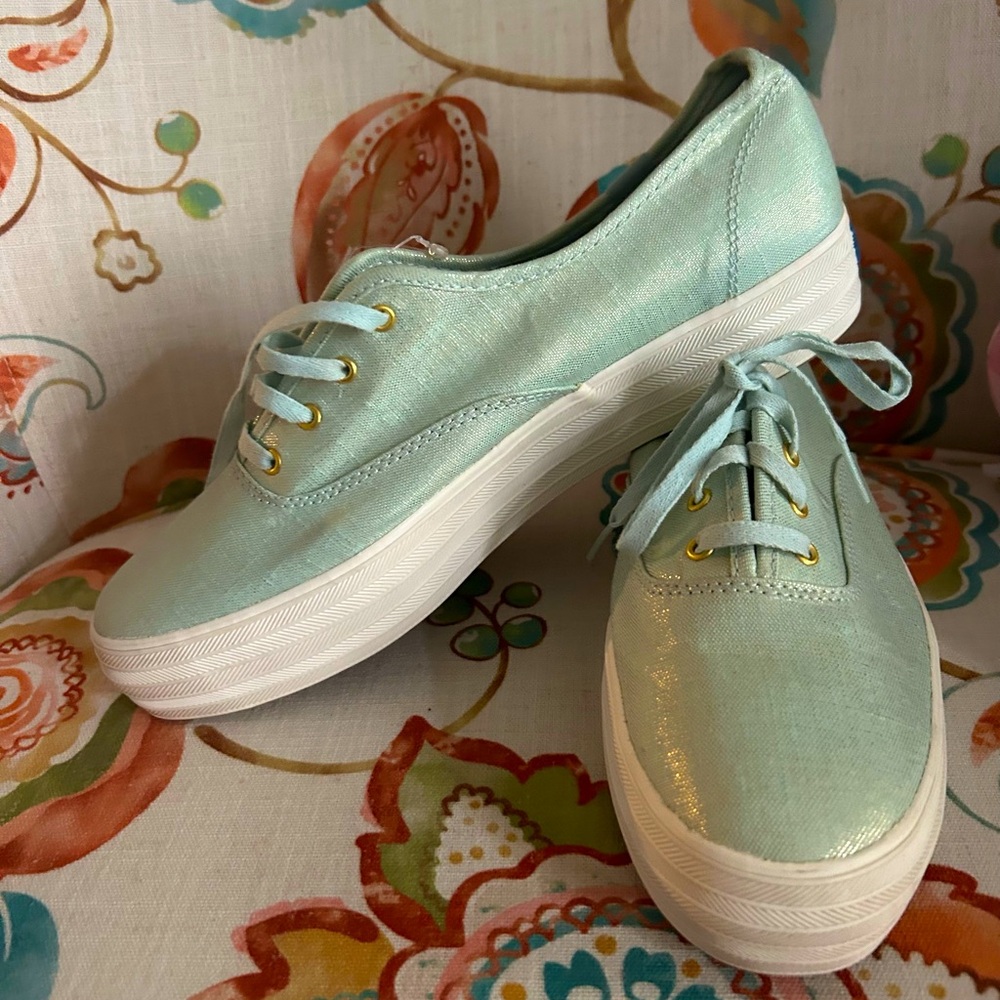 Keds Triple Kick Iridescent Canvas Sneakers Shoes Seafoam Mint Green Light Gold